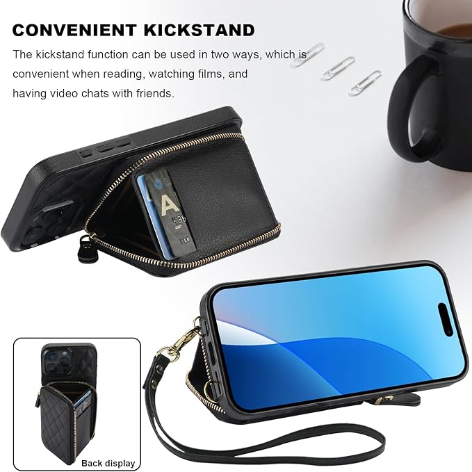 Bocasal Crossbody Wallet Case for iPhone 16 Pro Max, RFID Blocking PU Leather Zipper Handbag Purse Flip Cover, Kickstand Folio Case with Card Slots Holder Wrist Strap Lanyard 5G 6.9 Inch (Black)