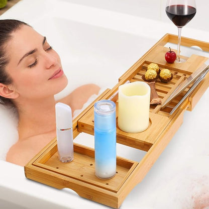 Moclever Bathtub Caddy Trays - Premium Bamboo Bath Trays with Extending Sides, Reading Rack, Tablet Holder, Cell Phone Tray and Luxury Wine Glass Holder - Natural Bamboo Color