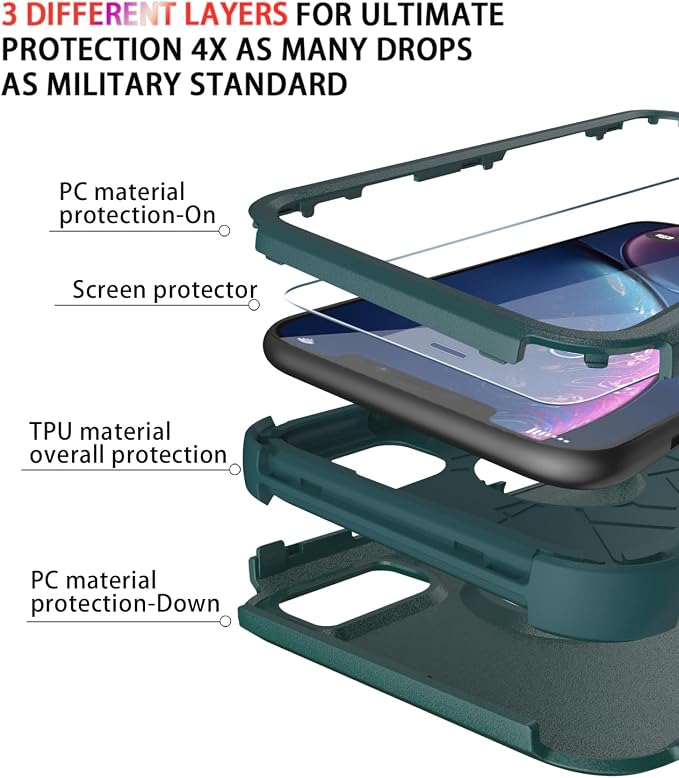 Diverbox Designed for iPhone Xr case with Screen Protector Heavy Duty Shockproof Shock-Resistant Cases for Apple iPhone Xr Phone (Dark Green+Screen Protector)