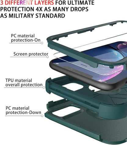 Diverbox Designed for iPhone Xr case with Screen Protector Heavy Duty Shockproof Shock-Resistant Cases for Apple iPhone Xr Phone (Dark Green+Screen Protector)
