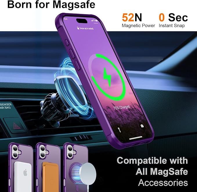 360° Magnetic Swivel Ring for iPhone 16 case, Built-in Metal Stand and Ring Holder, Magsafe Compatible, Military Grade Protection, Shockproof - Purple
