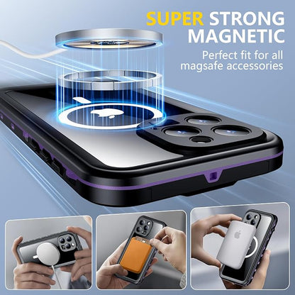 Red2Fire for iPhone 15 Pro Case Waterproof, [Built-in Screen Protector & Camera Protector][Compatible with MagSafe][Full Body Shockproof][IP68 Waterproof][Dustproof] Phone Case 6.1" Purple/Clear