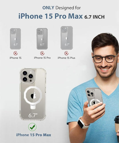 for iPhone 15 Pro Max Case, with Screen Protector + Camera Lens Protector, Built-in Seamless Stand, [Compatible with MagSafe] Protective Shockproof Phone Case, Cover iPhone 15 ProMax - Clear
