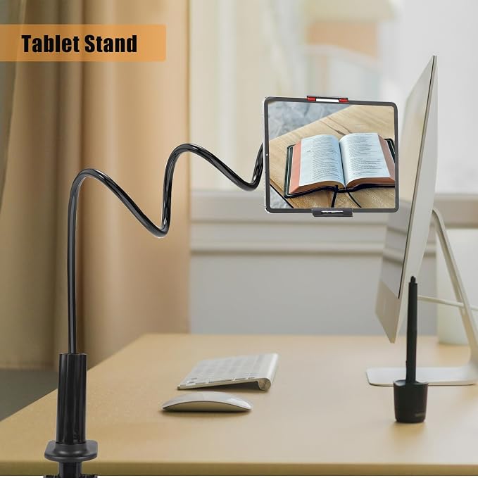 Tablet Stand Holder for Bed, Gooseneck Mount Stand Clip Flexible Long Arm Tablets Mount Clamp on Table,Cell Phone Holder Compatible with 4-10 Inches Devices and Cell Phones