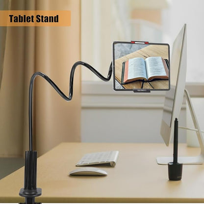 Tablet Stand Holder for Bed, Gooseneck Mount Stand Clip Flexible Long Arm Tablets Mount Clamp on Table,Cell Phone Holder Compatible with 4-10 Inches Devices and Cell Phones