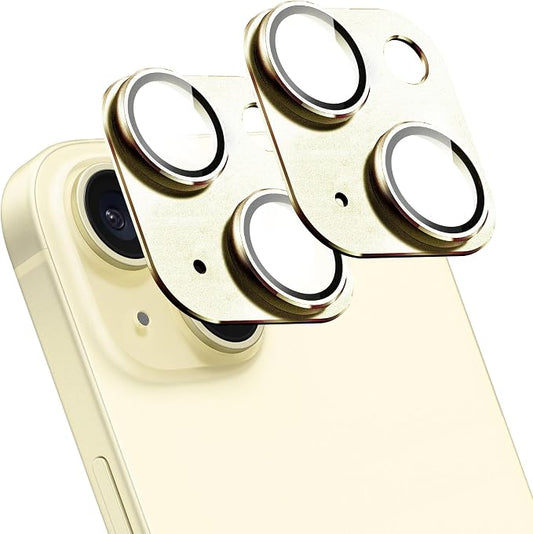 2 Pack Camera Lens Protector for iPhone 15/15 Plus,Metal AR Tempered Glass Rear Camera Screen Cover,Anti-Scratch,Strong Adsorption,Case Friendly, Easy to Install-Light Yellow