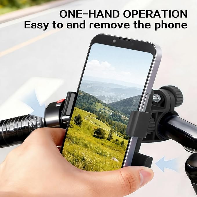 Motorcycle Bike Phone Mount, Bike Cell Phone Holder Clip, Bicycle Scooter Handlebar Clamp, for iPhone 17 16 15 14 Pro Max, Galaxy S25 S24 Ultra, 4.7-7" Phones, Black