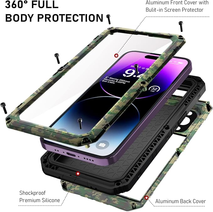 Beasyjoy for iPhone 14 Pro Max Waterproof Case, Metal Heavy Duty Case with Built-in Screen Protector, Full Body Protective Military Grade Shockproof Dustproof Defender Rugged Case 6.7 Inch, Camo