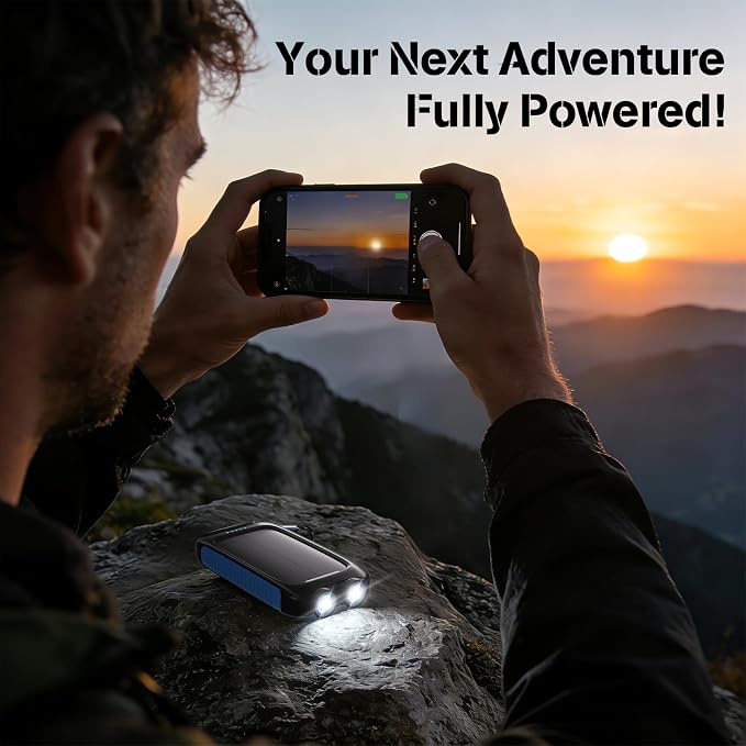Solar Power Bank 20000mAh, Blue Portable Charger with USB-C&USB-A Outputs, Emergency Backup Battery Pack, LED Flashlight, for iPhone Samsung Android – Solar for Emergency Only, Perfect for Camping