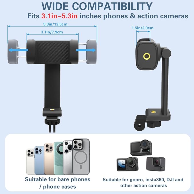 Beviliu Neck Phone Holder for Recording, Hands-Free POV/Vlog Neck Mount with Phone Clip & Chest Strap for Cooking/Fishing/Video Filming, Content Creator Phone Holder for iPhone Android Insta360
