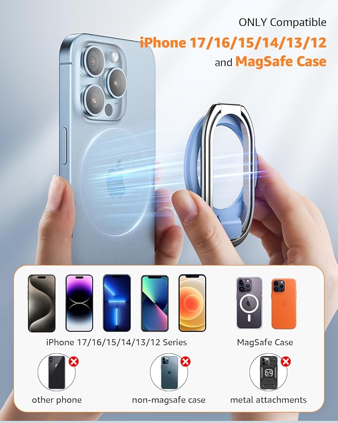 【2025 Upgraded】 Mag Safe Phone Ring Holder, SUPERONE Adjustable Magnetic Kickstand & Removable Phone Grip Compatible with Wireless Charging Only for iPhone 17 & 16 & 15 & 14 & 13 Series - Sierra Blue