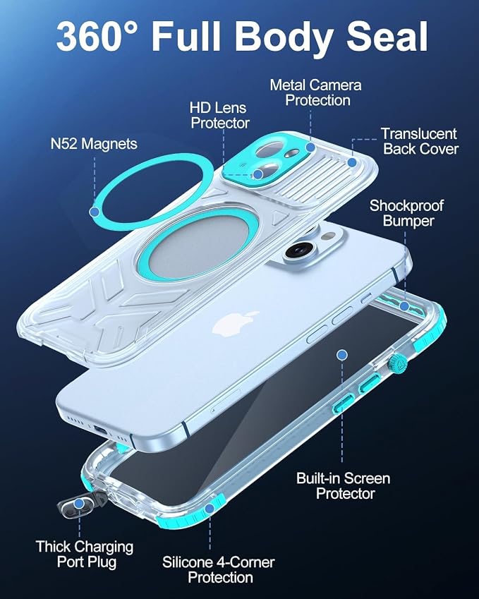 for iPhone 15 Waterproof Case with Magsafe, Built-in [Camera & Screen Protector] [Lanyard], IP68 Water Proof Full Body Dustproof Heavy Duty Frosted Protective Phone Cover, 6.1" Teal