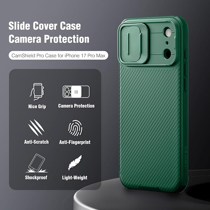 Nillkin Camshield Case for iPhone 17 Pro Max Case, [Built-in Dual Camera Cover][Slim Profile] [Military Grade Drop Protection] Shockproof Bumper Phone Case 6.9 inch 2025 Green