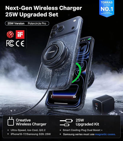 TORRAS PolarCircle Qi2.2 Wireless Charger, 25W Cooling Magnetic Pad for Samsung Galaxy S26/S25, Wireless Charger for iPhone 17/16 with 360°Spin Stand, Semiconductor Phone Cooler, with 45W IceNano Plug