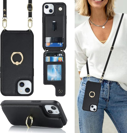 Lipvina for iPhone 14 Plus Case with Card Holder and Strap for Women,Crossbody Lanyard,RFID Blocking,Stand Ring Kickstand,Snap Clasp,Phone Wallet Cases 6.7 inch(Black)