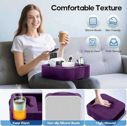 Couch Cup Holder Pillow, Sofa and Bed Caddy for iPad, Kindle, Switch, Game Controller, Remotes, Phones, Small-Sized Cup & Drink Holder for Couch, Bed, Desk, Car, Beach, Bathroom Cup Holder Purple
