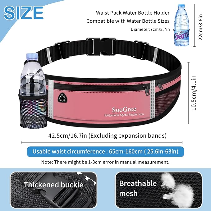 SooGree Men Women Running Belt Fanny Pack,Reflective Workout Sport Waist Pack Bag,Running Phone Holder Belt with Water Bottle Holder, Ideal for Running,Walking,Cycling,Gym Workouts (GSP8803-Pink)