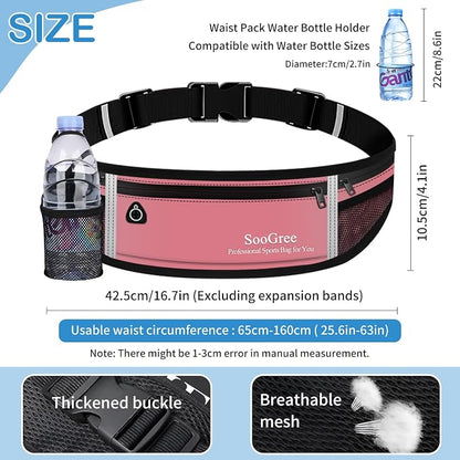 SooGree Men Women Running Belt Fanny Pack,Reflective Workout Sport Waist Pack Bag,Running Phone Holder Belt with Water Bottle Holder, Ideal for Running,Walking,Cycling,Gym Workouts (GSP8803-Pink)