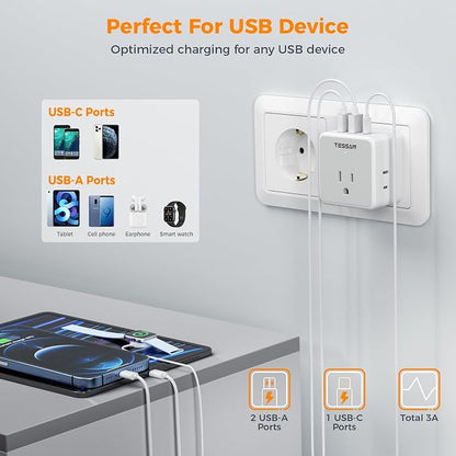 TESSAN All European Italy Travel Plug Adapter Kit | International Detachable, 3 Outlet 3 USB Ports (1 USB C), Type C/E/F/L EU Power Adaptor, US to France Germany Spain Greece