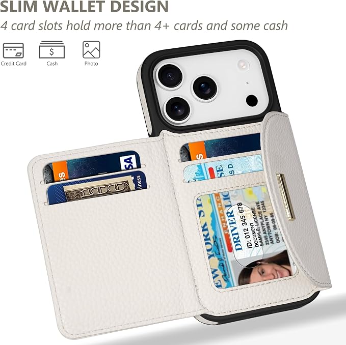 Keallce Wallet Case for iPhone 17 Pro 6.3'', Flip Case with RFID Blocking Card Holder Slots Kickstand, PU Leather Protective Folio Cover for Women, Beige
