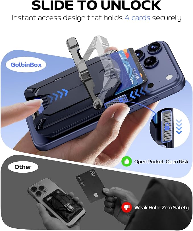 GolbinBox for MagSafe Wallet with Stand, Magnetic Phone Card Holder for Men, Holds 4 Cards with RFID Blocking, Slide-Open Metal Cover, Built-in Kickstand for iPhone 17/16/15/14/13/12 Series, Blue