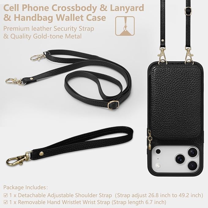 Keallce Case for iPhone 17 Pro Max 6.9'' Case Wallet, Crossbody Zipper Purse with RFID Blocking Card Slots Kickstand, Lanyard & Handstrap Flip Folio Leather Phone Cover for iPhone 17 Pro Max, Black