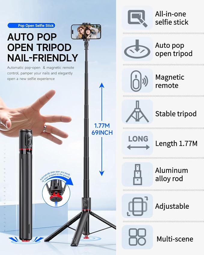 70" Automatic Pop-up Magnetic Selfie Stick, Auto-Open Tripod Stand with Remote, Compatible with Android 5.0 & iOS 5.1, 360° Rotatable, One-piece Design Portable Travel Tripod for Vlog/Video Recording