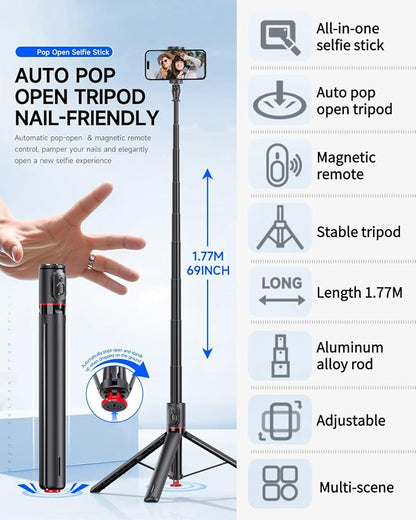 70" Automatic Pop-up Magnetic Selfie Stick, Auto-Open Tripod Stand with Remote, Compatible with Android 5.0 & iOS 5.1, 360° Rotatable, One-piece Design Portable Travel Tripod for Vlog/Video Recording