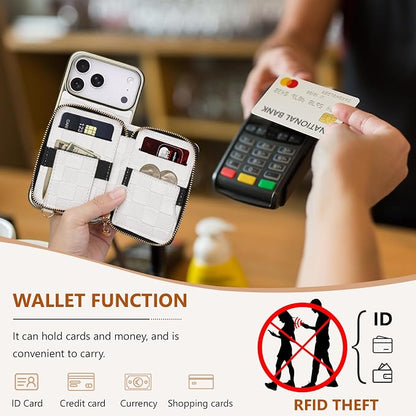 Keallce for iPhone 17 Pro Max 6.9'' Wallet Case, Crossbody Zipper Purse with 4 Card Slots RFID Blocking, Lanyards & Wrist Straps, Flip Leather Folio Cover with Kickstand for iPhone 17 Pro Max, White