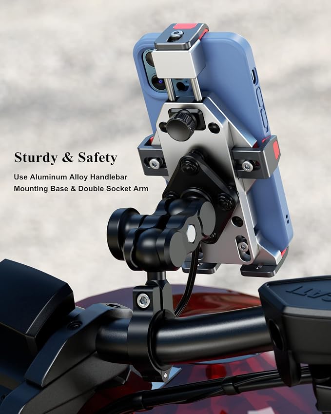 BRCOVAN Motorcycle Phone Mount with Qi 15W Wireless Charger & Vibration Dampener, Aluminum Alloy Anti-Theft Waterproof Motorcycle Handlebar Cellphone Holder, Adjustable Fit 4.7''-7.2'' Smartphones