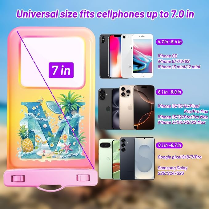Personalized Initial Waterproof Phone Pouch Case - IPX8 Cellphone Dry Bag with Lanyard for iPhone 16/15/14/13/12 Pro Max (6.1–6.9"), Beach & Cruise Ship Essentials with Monogrammed Design (Pink, M)