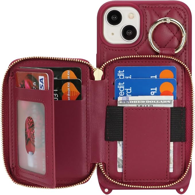 Crossbody Wallet Case for iPhone 14 Plus, PU Leather Zipper Handbag Purse Flip Cover, Kickstand Folio Case with Card Slots Holder Wrist Strap Lanyard 5G 6.7 Inch-Dark red