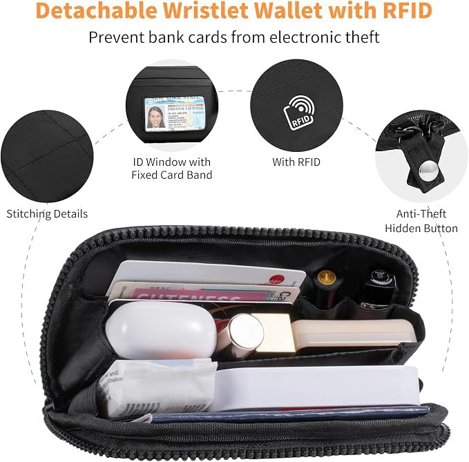 Tiostep Clip and Go Strap for Phone with Wallet Crossbody Phone Lanyard with Anti-Theft Zipper Pouch Detachable Quilted Wrist Wallet with RFID and ID Window for Daily Travel. Black Large