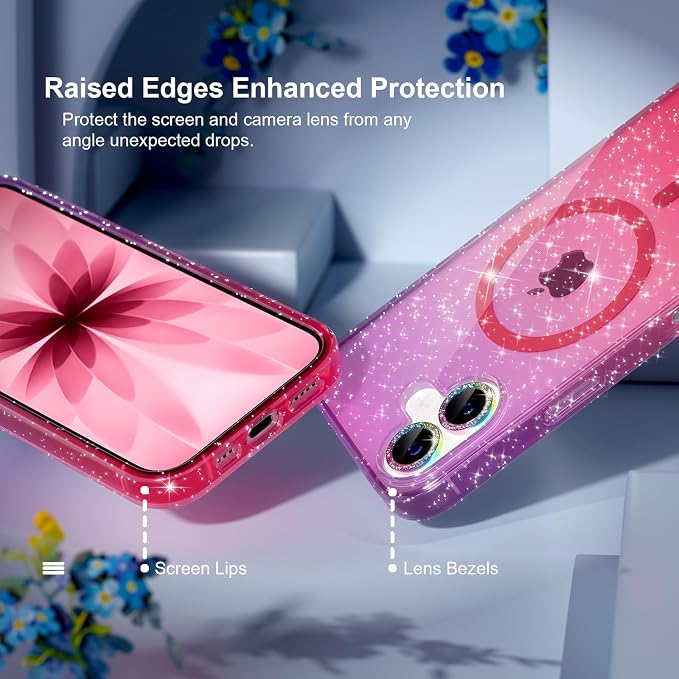Choiche Magnetic for iPhone 17 Case Compatible with MagSafe, Women Cute Glitter Sparkly Phone Case with Diamond Camera Lens Protectors, Military-Grade Drop Protection 6.3" (Purple/Pink)