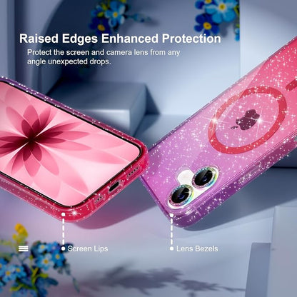 Choiche Magnetic for iPhone 17 Case Compatible with MagSafe, Women Cute Glitter Sparkly Phone Case with Diamond Camera Lens Protectors, Military-Grade Drop Protection 6.3" (Purple/Pink)