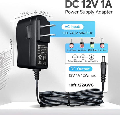 UL Listed 2 Pack 12V 1A 10ft Power Supply Adapter, AC to DC 12W 12V 1000mA 800mA 500mA Replacement Power Cord for CCTV Security Camera DVR LED Strips Router BT Speaker LED Mirror Desk Lamp and More