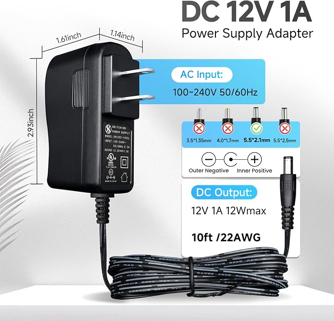UL Listed 10 Pack 12V 1A 10ft Power Supply Adapter, AC to DC 12W 12V 1000mA 800mA 500mA Replacement Power Cord for CCTV Security Camera DVR LED Strips Router BT Speaker LED Mirror Desk Lamp and More