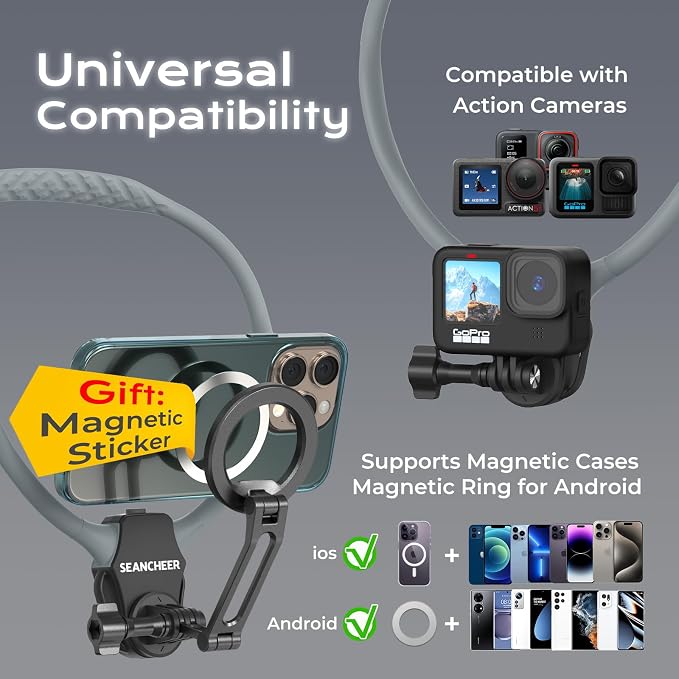 【2026 Extended Long】 Magnetic Neck Mount for Phones, 27.6" Hands-Free POV/Vlog Phone Holder for iPhone 17–12 & Android, Content Creator Essentials for Go Pro DJI, Comfortable Natural Shooting Angle