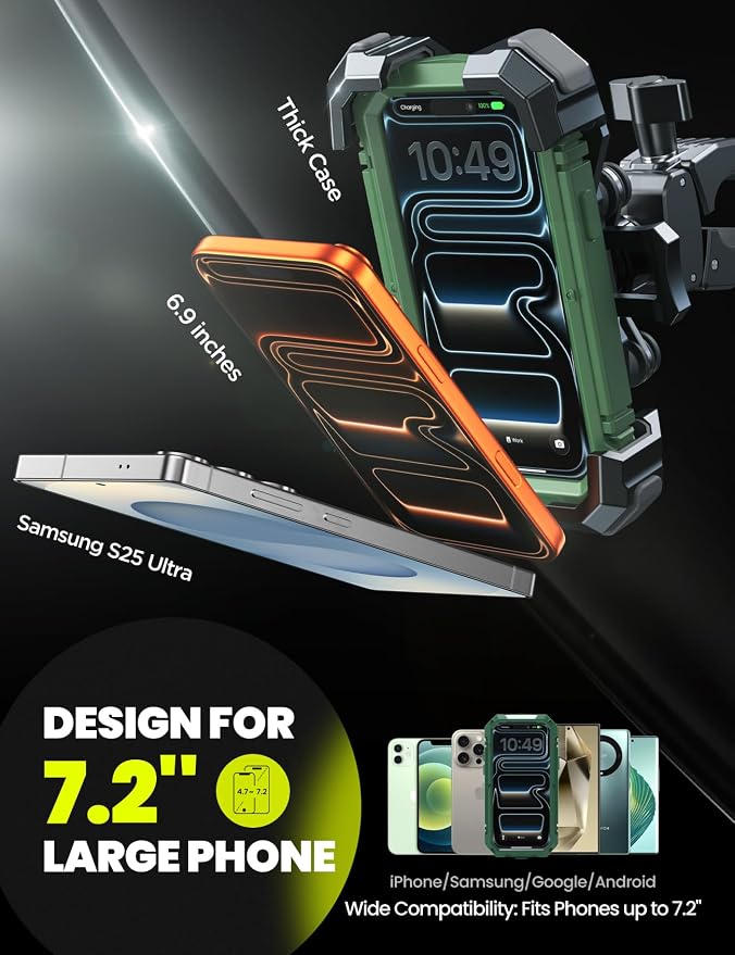 Motorcycle Phone Mount Holder -[Dual Vibration Dampener] [7.2'' Big Phone Friendly] Bike Phone Holder Mount Motorcycle Accessories Bicycle Handlebar Phone Mount for iPhone, Galaxy All Cell Phones