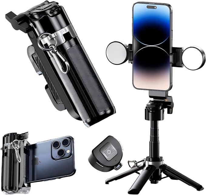 Mini Selfie Stick Tripod Stand for iPhone ，6-Section Adjustable Height Extension (12-42cm)，10 Meter Remote One Click Control ，Suitable for Travel/Live Streaming/Outdoor Multiple Scenes