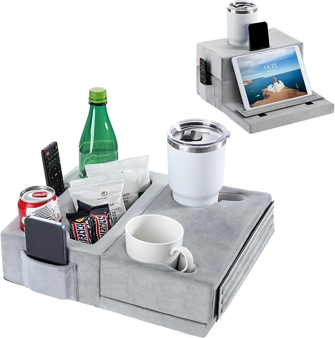 Luxspire Couch Cup Holder, Couch Caddy with 8 Holes and Side Pocket, Couch Cup Holder Tray for iPad/Drinks/Remote Control/Snacks Holder, Gray
