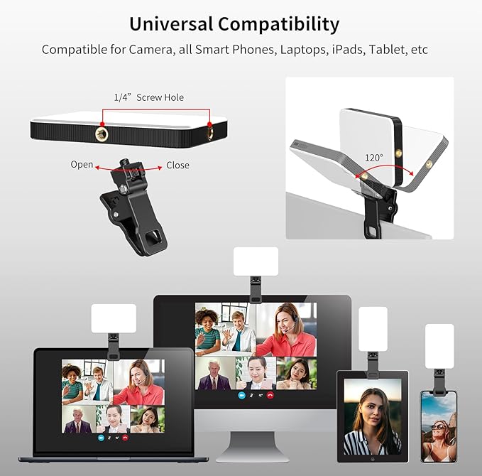 Newmowa Black Rechargeable Selfie Light - Portable Clip Video for Phone/Laptop/Camera With Smart Sensor, 3 Modes, 2000mAh Battery for Selfie/Makeup/Video Conference/TikTok