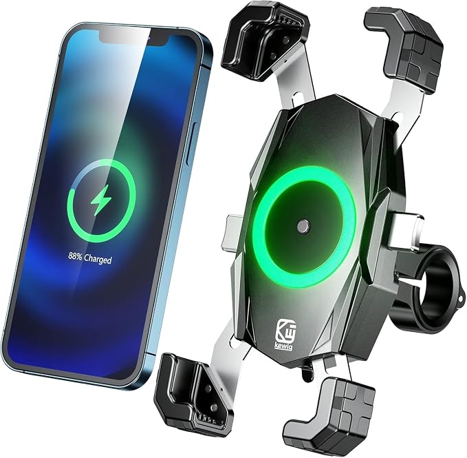 Kewig Motorcycle Phone Mount with Qi 15W Wireless Charger & USB C 20W Fast Charging Port, One-Push Automatically Lock & Quick Release Handlebar Phone Holder for 4.0-6.9" Phone