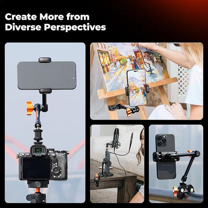 K&F CONCEPT 9.8" Magic Arm Clamp with Phone Holder, 360° Ball Heads Camera Arm Mount for Phone/LED Lights/Monitor/Flash/Microphone/DSLR Camera