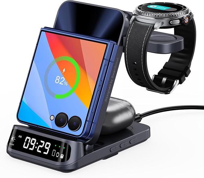 SwanScout Wireless Charger for Z Flip 7/7 FE/6/5/4/3, 3 in 1 Wireless Charging Station for Galaxy Watch 8 Classic/8/Ultra/7/FE/6/5/Buds 3 Pro, SwanScout 708F (NO Adapter)