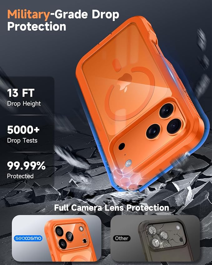 seacosmo for iPhone 17 Pro Case, Full Body Bumper with Built-in Tempered Glass Screen and Camera Lens Protector, Compatible with MagSafe, Shockproof 17 Pro Phone Case, 6.3", Orange
