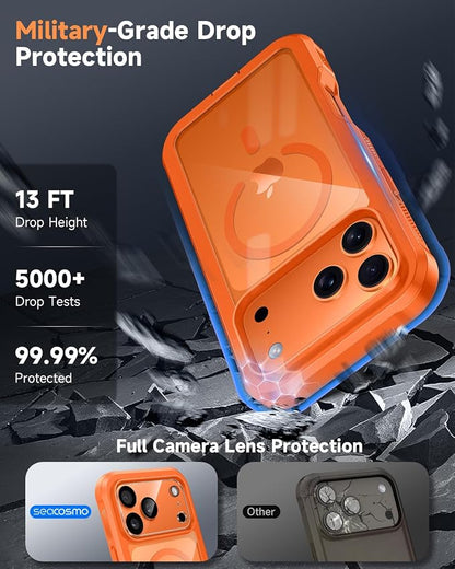 seacosmo for iPhone 17 Pro Max Case, Full Body Bumper with Built-in Tempered Glass Screen and Camera Lens Protector, Compatible with MagSafe, Shockproof 17 Pro Max Phone Case, 6.9", Orange