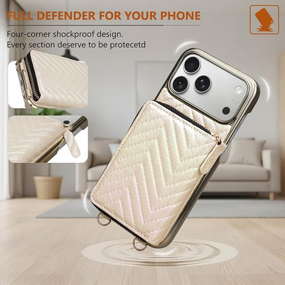 Keallce Wallet Case for iPhone 17 Pro Max 6.9", Crossbody Zipper Purse with Wristlet Strap, 4 Card Slots with RFID Blocking and Kickstand, Electroplated Leather Case for Women (Gold)