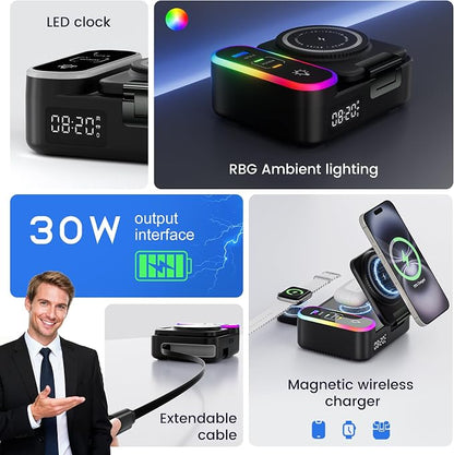 8-in-1 Charging Station 65W, 15W Magnetic Wireless Charger with Retractable Cable, 30W USB C Fast Charging Stand for iPad, Multiple Devices for iPhone 17 16 15 14 13 12 Pro Max Apple Watch Airpods