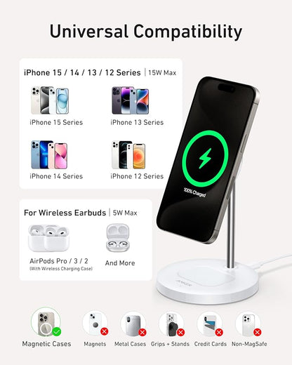 Anker MagSafe Compatible MagGo Charger Stand, iPhone 17 Wireless Charger, 2-in-1 Charging Station, Qi2 Certified 15W Fast Charging, for iPhone 17/16/15/14/13/12, AirPods Pro (40W Adapter Included)